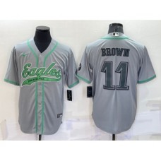 Men's Philadelphia Eagles #11 AJ Brown Grey With Patch Cool Base Stitched Baseball Jersey