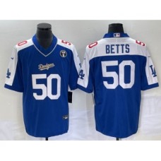 Men's Los Angeles Dodgers #50 Mookie Betts Blue Vin Scully Stitched Jersey