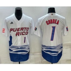 Men's Puerto Rico Baseball #1 Carlos Correa Number White 2023 World Baseball Classic Stitched Jersey