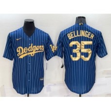 Men's Los Angeles Dodgers #35 Cody Bellinger Navy Blue Gold Pinstripe Stitched MLB Cool Base Nike Jersey