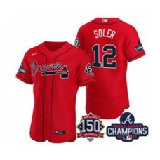 Men's Atlanta Braves #12 Jorge Soler 2021 Red World Series Champions With 150th Anniversary Flex Base Stitched Jersey