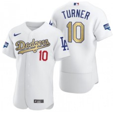 Men's Los Angeles Dodgers #10 Justin Turner Olive Gold 2020 World Series Champions Authentic Stitched Jersey