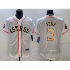 Men's Houston Astros #3 Jeremy Pena 2023 White Gold World Serise Champions Flex Base Stitched Jersey