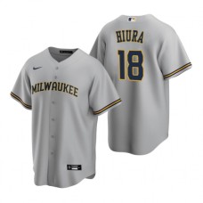 Men's Nike Milwaukee Brewers #18 Keston Hiura Gray Road Stitched Baseball Jersey