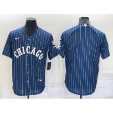 Men's Chicago Cubs Blank Navy Blue Pinstripe Stitched MLB Cool Base Nike Jersey