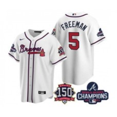 Men's Atlanta Braves #5 Freddie Freeman 2021 White World Series Champions With 150th Anniversary Patch Cool Base Stitched Jersey