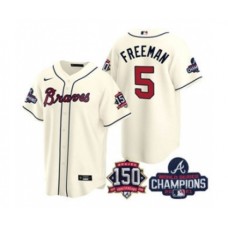 Men's Atlanta Braves #5 Freddie Freeman 2021 Cream World Series Champions With 150th Anniversary Patch Cool Base Stitched Jersey