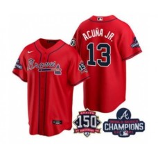 Men's Atlanta Braves #13 Ronald Acuna Jr. 2021 Red World Series Champions With 150th Anniversary Patch Cool Base Stitched Jersey