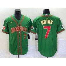 Men's Mexico Baseball #7 Julio Urias Number 2023 Green Red Gold World Baseball Classic Stitched Jersey 2