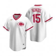 Men's Nike Cincinnati Reds #15 Nick Senzel White Cooperstown Collection Home Stitched Baseball Jersey