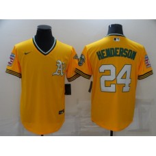 Men's Oakland Athletics #24 Rickey Henderson Gold Throwback Stitched Jersey