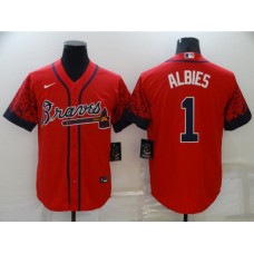 Men's Atlanta Braves #1 Ozzie Albies 2021 City Connect Red Cool Base Stitched Baseball Jersey