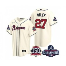 Men's Atlanta Braves #27 Austin Riley 2021 Cream World Series Champions With 150th Anniversary Patch Cool Base Stitched Jersey