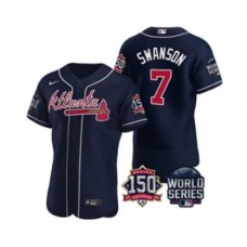 Men's Atlanta Braves #7 Dansby Swanson 2021 Navy World Series Flex Base With 150th Anniversary Patch Baseball Stitched Jersey