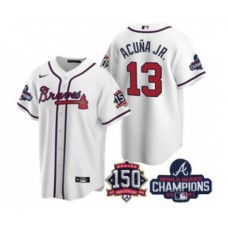 Men's Atlanta Braves #13 Ronald Acuna Jr. 2021 White World Series Champions With 150th Anniversary Patch Cool Base Stitched Jersey