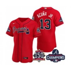 Men's Atlanta Braves #13 Ronald Acuna Jr. 2021 Red World Series Champions With 150th Anniversary Flex Base Stitched Jersey