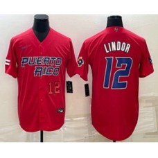 Men's Puerto Rico Baseball #12 Francisco Lindor Number 2023 Red World Baseball Classic Stitched Jersey