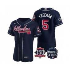 Men's Atlanta Braves #5 Freddie Freeman 2021 Navy World Series Flex Base With 150th Anniversary Patch Baseball Stitched Jersey