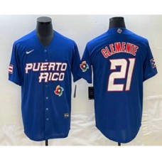 Men's Puerto Rico Baseball #21 Roberto Clemente 2023 Blue World Classic Stitched Jersey