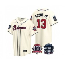 Men's Atlanta Braves #13 Ronald Acuna Jr. 2021 Cream World Series With 150th Anniversary Patch Cool Base Baseball Stitched Jersey