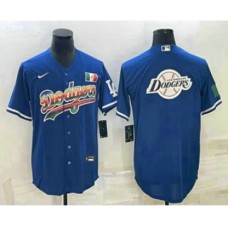 Men's Los Angeles Dodgers Big Logo Rainbow Blue Cool Base Nike Stitched Jersey2