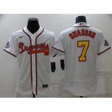 Men's Atlanta Braves #7 Dansby Swanson 2021 White Gold World Series Champions Stitched Jersey