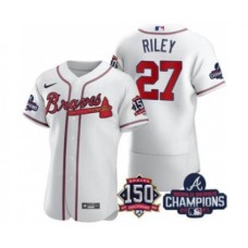 Men's Atlanta Braves #27 Austin Riley 2021 White World Series Champions With 150th Anniversary Flex Base Stitched Jersey