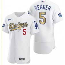 Men's Los Angeles Dodgers #5 Corey Seager Olive Gold 2020 World Series Champions Authentic Stitched Jersey