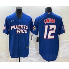 Men's Puerto Rico Baseball #12 Francisco Lindor 2023 Royal World Classic Stitched Jerseys