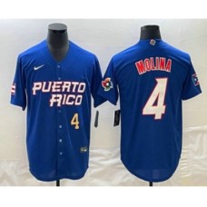 Men's Puerto Rico Baseball #4 Yadier Molina Number 2023 Blue World Baseball Classic Stitched Jerseys