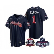 Men's Atlanta Braves #1 Ozzie Albies 2021 White World Series Champions With 150th Anniversary Flex Base Stitched Jersey