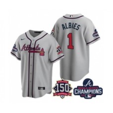 Men's Atlanta Braves #1 Ozzie Albies 2021 Grey World Series Champions With 150th Anniversary Patch Cool Base Stitched Jersey