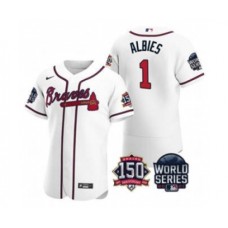 Men's Atlanta Braves #1 Ozzie Albies 2021 White World Series Flex Base With 150th Anniversary Patch Baseball Stitched Jersey