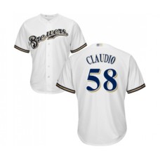 Men's Milwaukee Brewers #58 Alex Claudio Replica White Alternate Cool Base Baseball Jersey