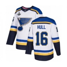 Men St. Louis Blues #16 Brett Hull Authentic White Away 2019 Stanley Cup Champions Hockey Jersey