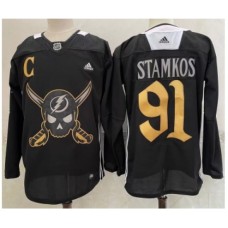 Men Tampa Bay Lightning #91 Steven Stamkos Black Pirate Themed Warmup Authentic Stitched Jersey