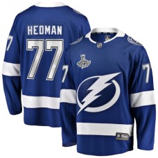 Men Tampa Bay Lightning #77 Victor Hedman Fanatics Branded Blue Home 2020 Stanley Cup Champions Breakaway Stitched Jersey