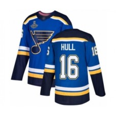 Men St. Louis Blues #16 Brett Hull Authentic Royal Blue Home 2019 Stanley Cup Champions Hockey Jersey