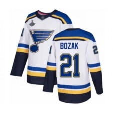 Men St. Louis Blues #21 Tyler Bozak Authentic White Away 2019 Stanley Cup Champions Hockey Jersey