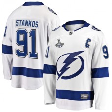 Men Tampa Bay Lightning #91 Steven Stamkos Fanatics Branded White Away 2020 Stanley Cup Champions Breakaway Stitched Jersey