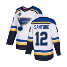 Men St. Louis Blues #12 Zach Sanford Authentic White Away 2019 Stanley Cup Final Bound Hockey Jersey