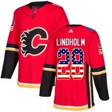 Men Adidas Calgary Flames #28 Elias Lindholm Red Home Authentic USA Flag Stitched NHL Jersey