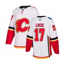 Men Calgary Flames #17 Milan Lucic Authentic White Away Hockey Stitched Jersey